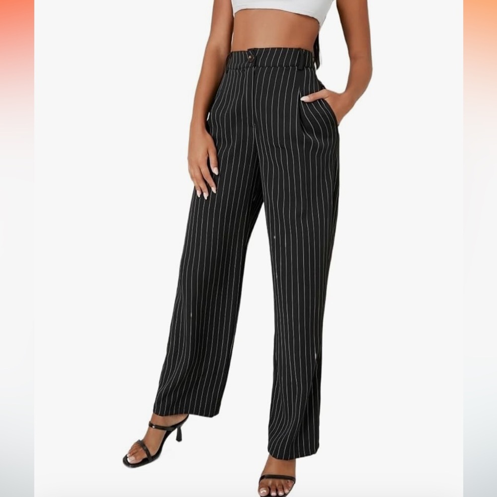 Shein Trousers Pants for Women Fall Trendy Pinstriped High-Rise Straight Leg-XS